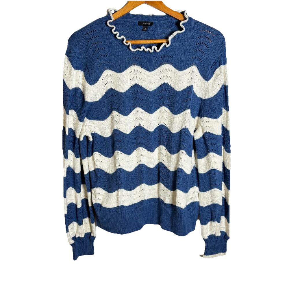 Talbots Pointelle Ruffle Mockneck Sweater Size XL Blue And White Stripe